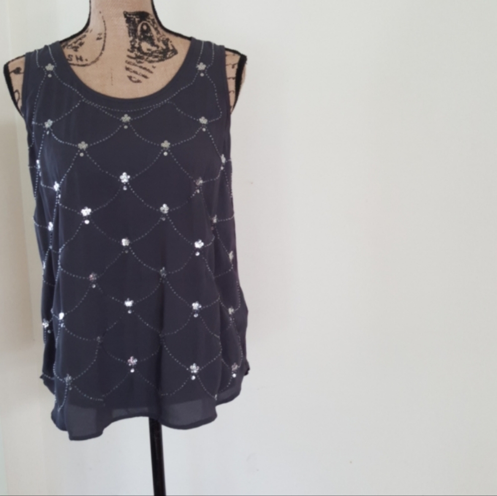 Juicy Couture Womens Gray Sequined Beaded Scallop Design Top Sz M